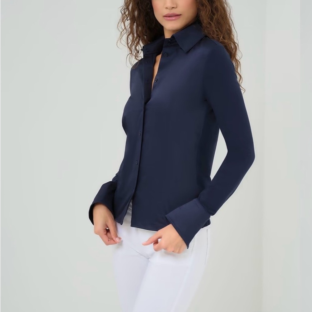 New Anatomie Womens Navy Alida Button Down Poplin Shirt Stretch Quick Dry Sz L